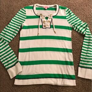 Lilly Pulitzer Green and White Tie Front Long Sleeve Tee